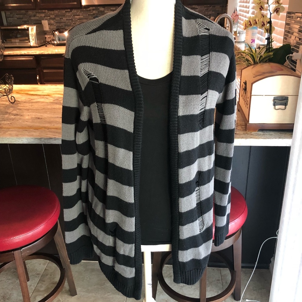 Volcom Black and Grey stripe distressed cardigan